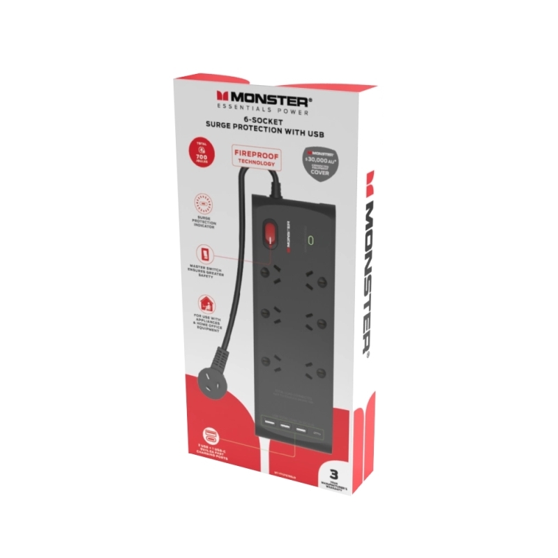 Monster 6-Port Surge+USB Black